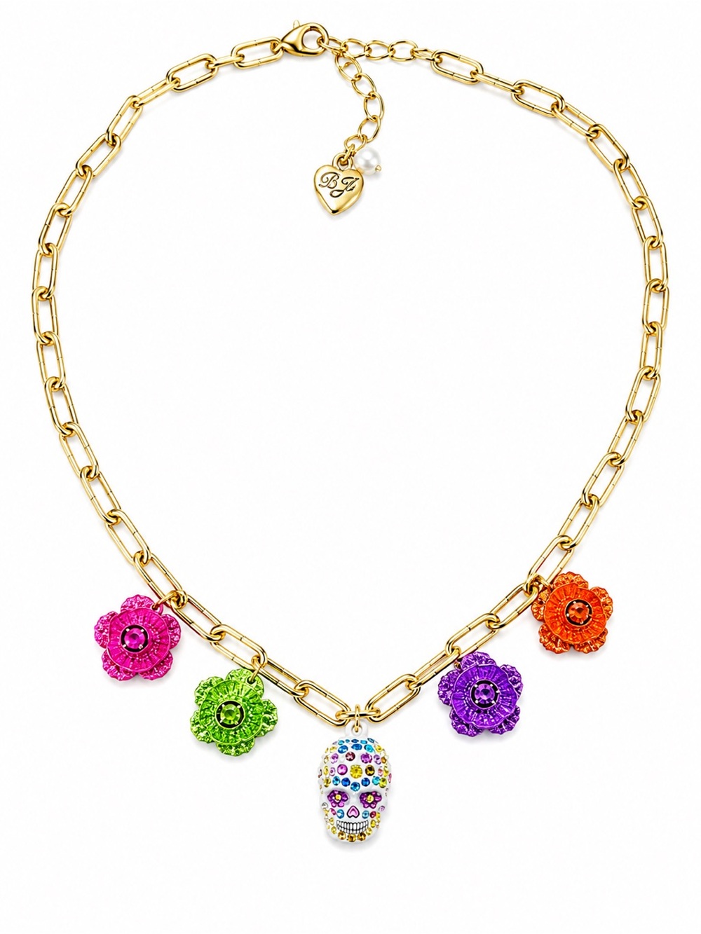 Betsey Johnson sugar skull and flowers charm necklace